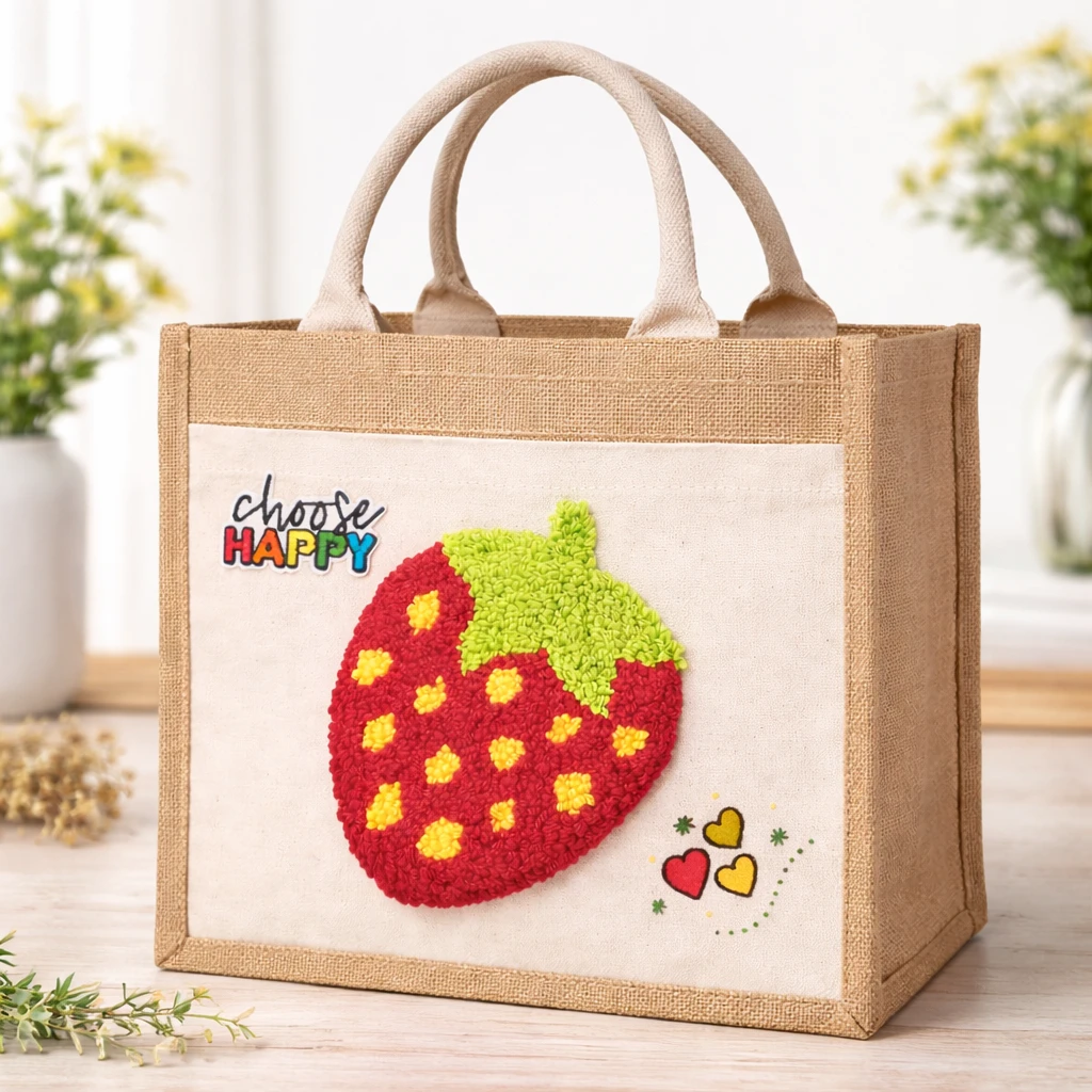 Strawberry Punch Needle Jute Tote Bag