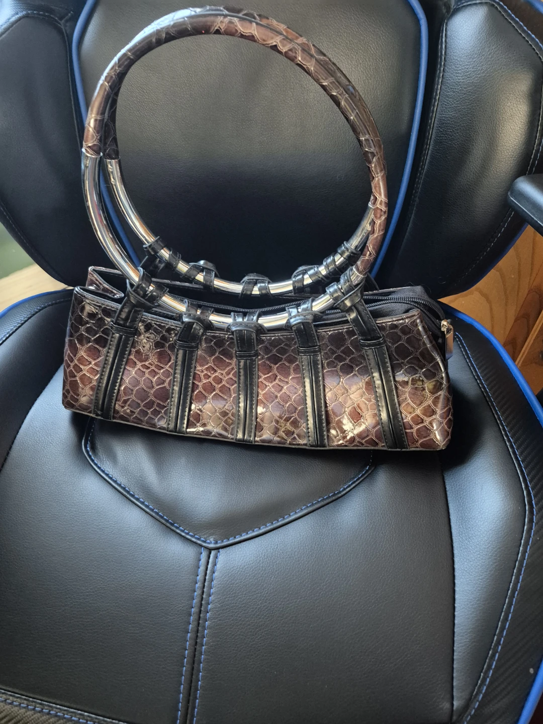Brown Faux Snakeskin Handbag with Silver Ring Handles