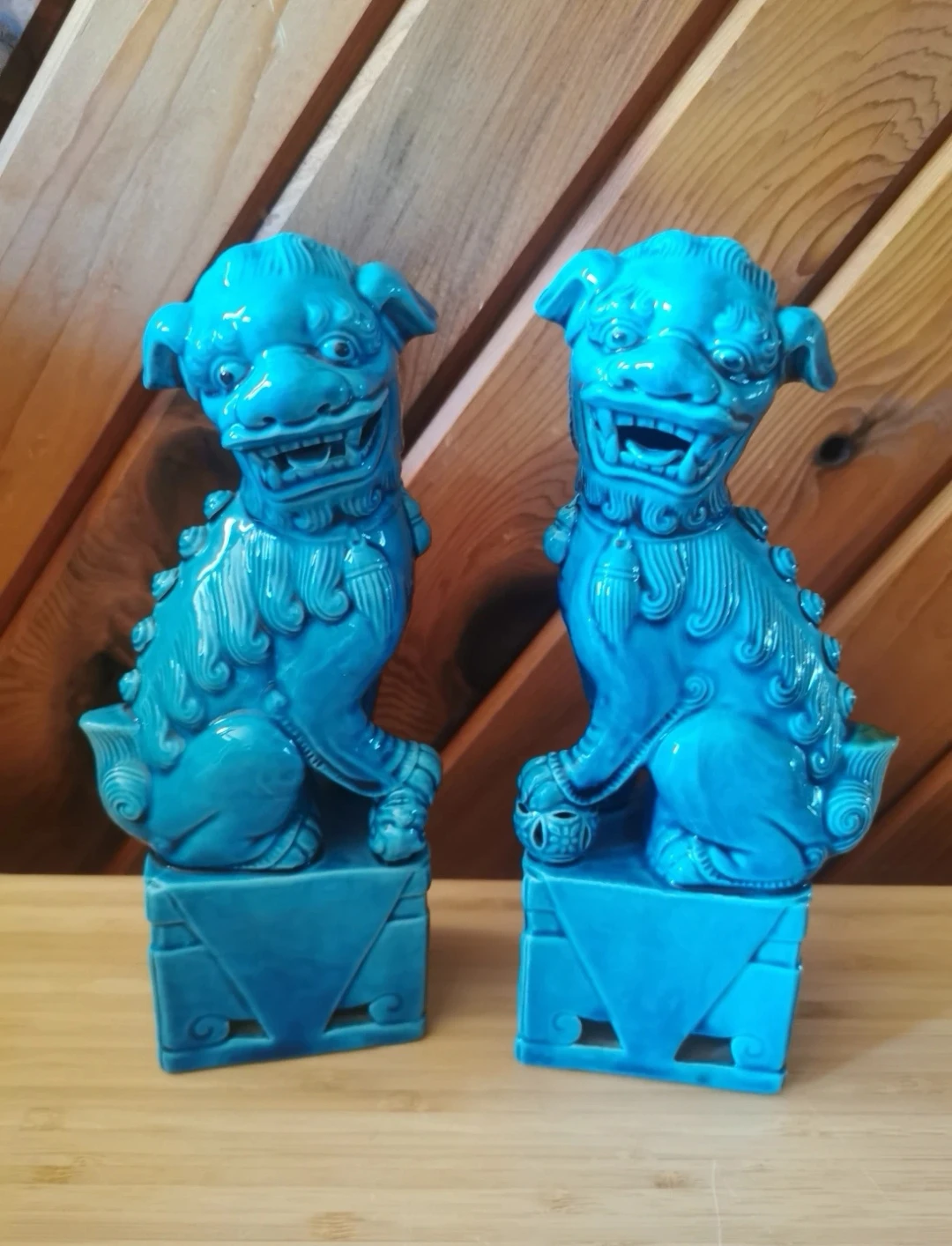 Pair Of Vintage Ceramic Turquoise Blue Foo Dogs - photo 2