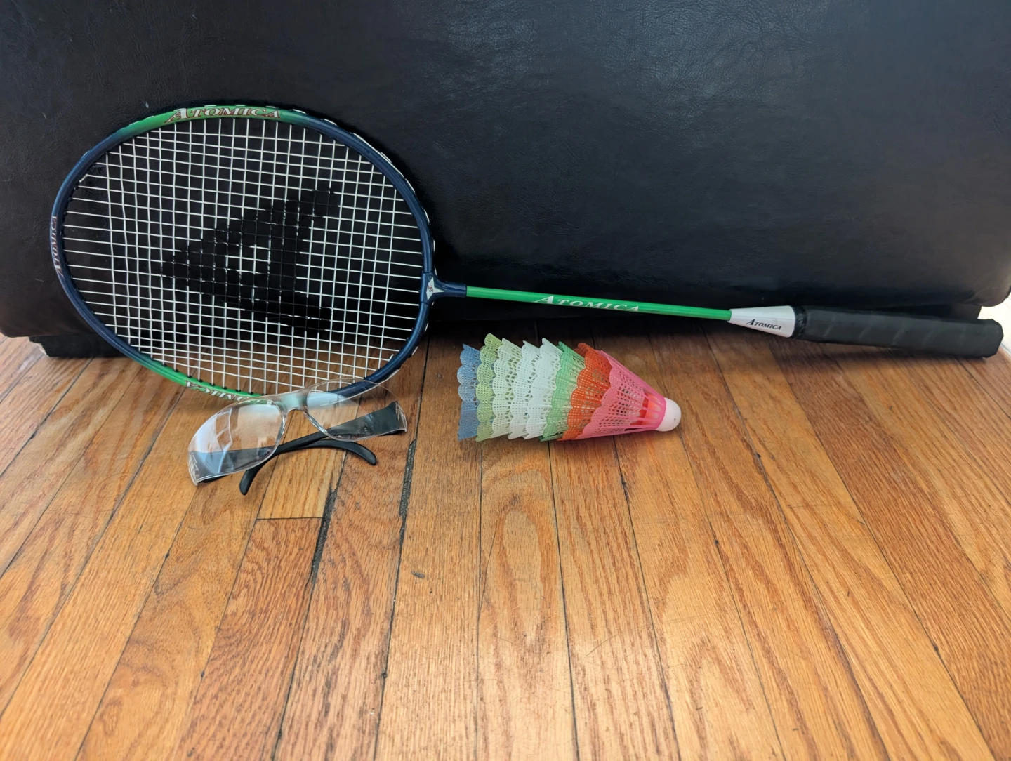 Atomica Badminton Racquet, Shuttlecocks and Glasses