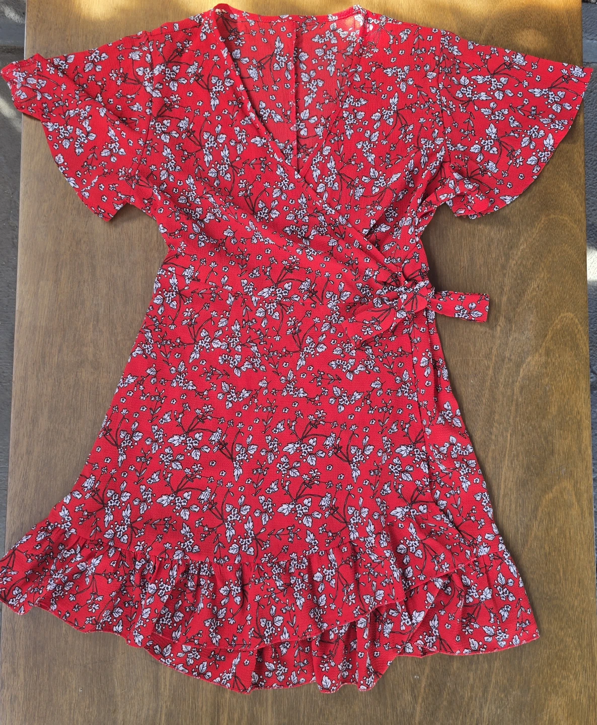 Red Floral Wrap Dress - Size L - Adjustable Tie - 34" Length - photo 3
