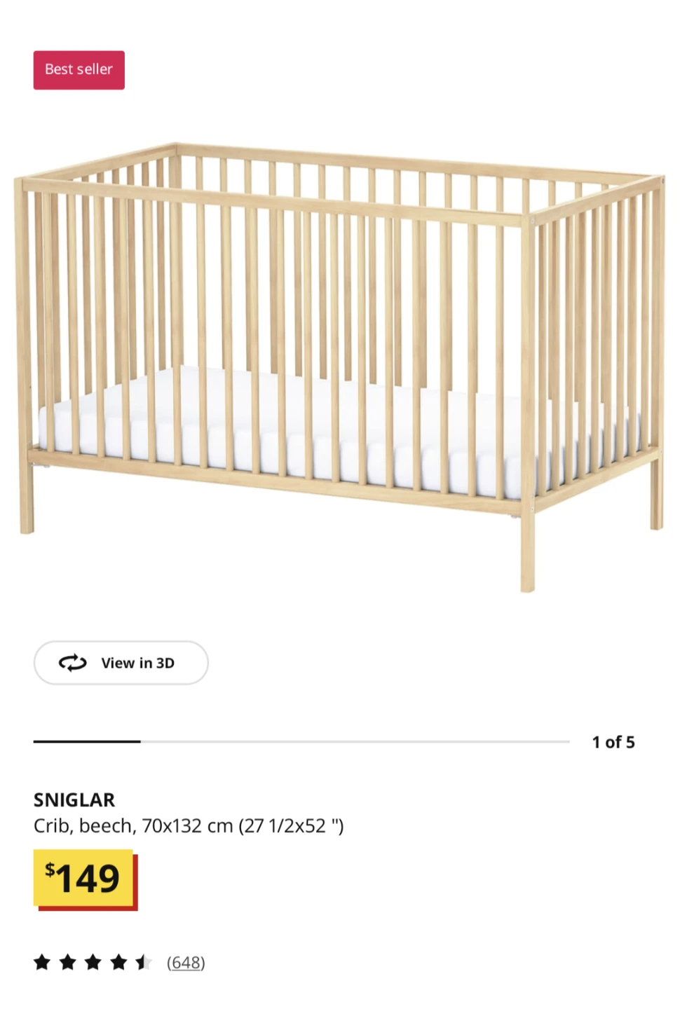 IKEA SNIGLAR Crib, Beech, 70x132 cm
