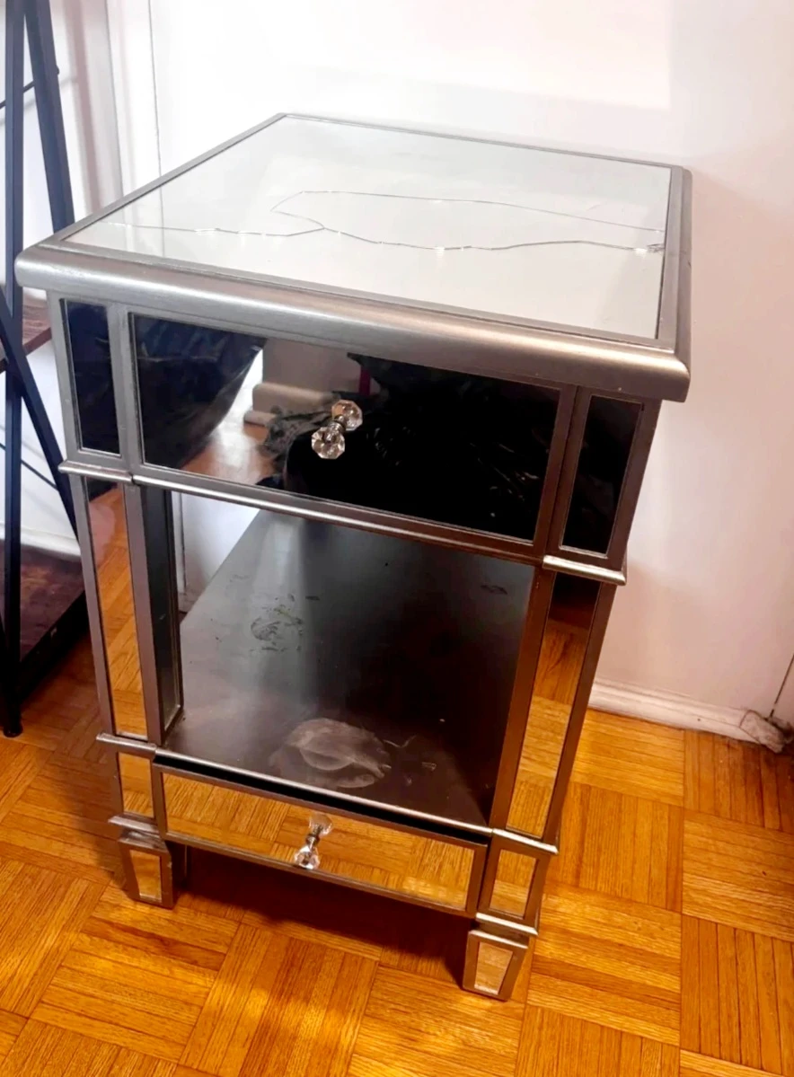 Mirrored Nightstand with Cracked Top