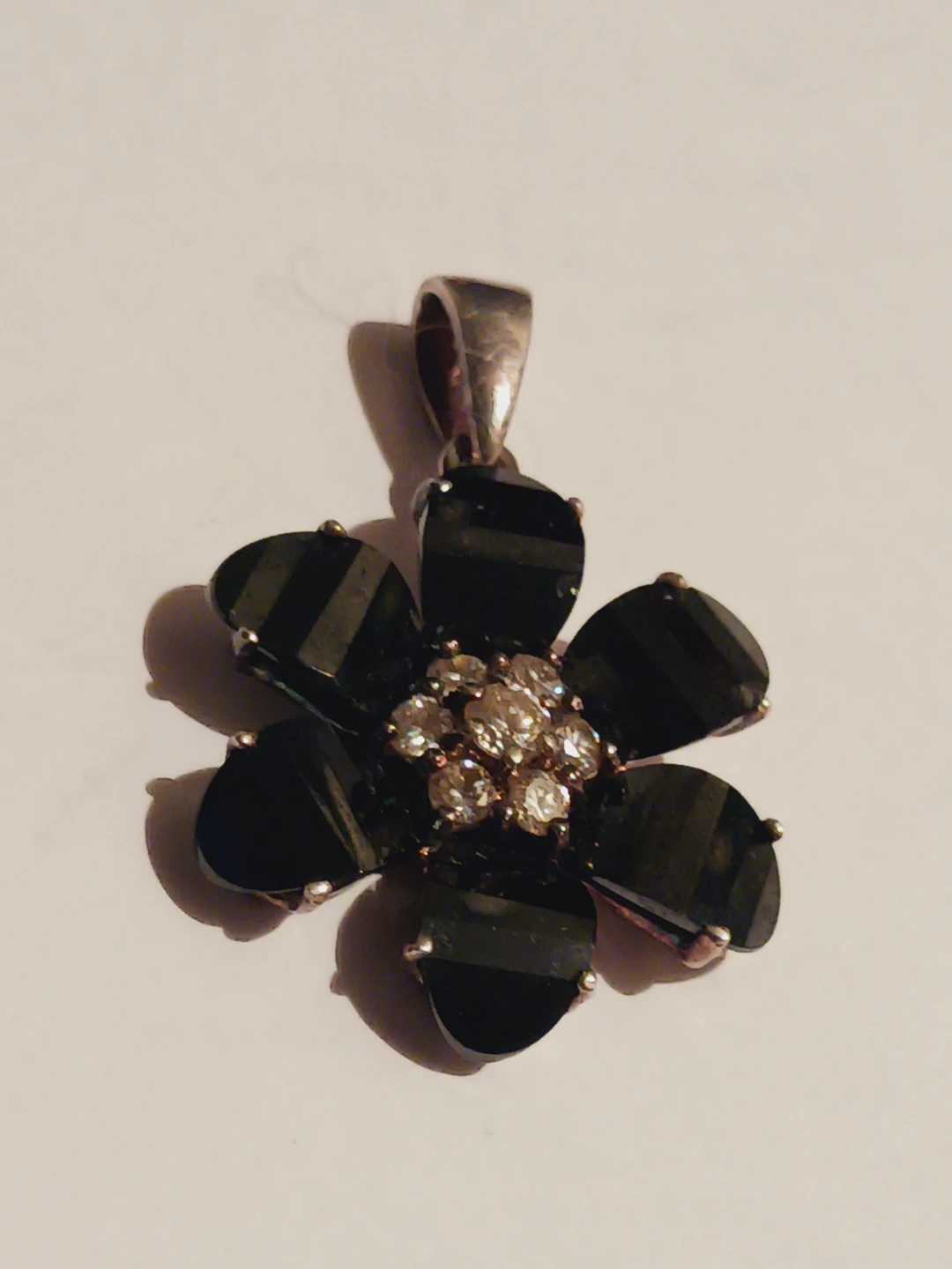 Sterling Silver 925 Flower Pendant wi/ Black Stones & Crystals - photo 3