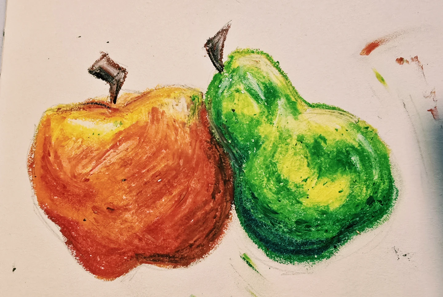 Oil Pastel Drawing of Apple and Pear