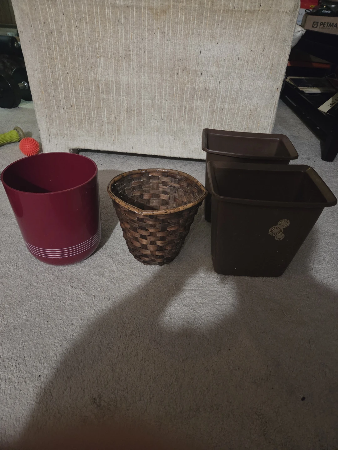 1970s Vintage 4pc Wastebasket & Decor Set Floral, Ceramic, Woven