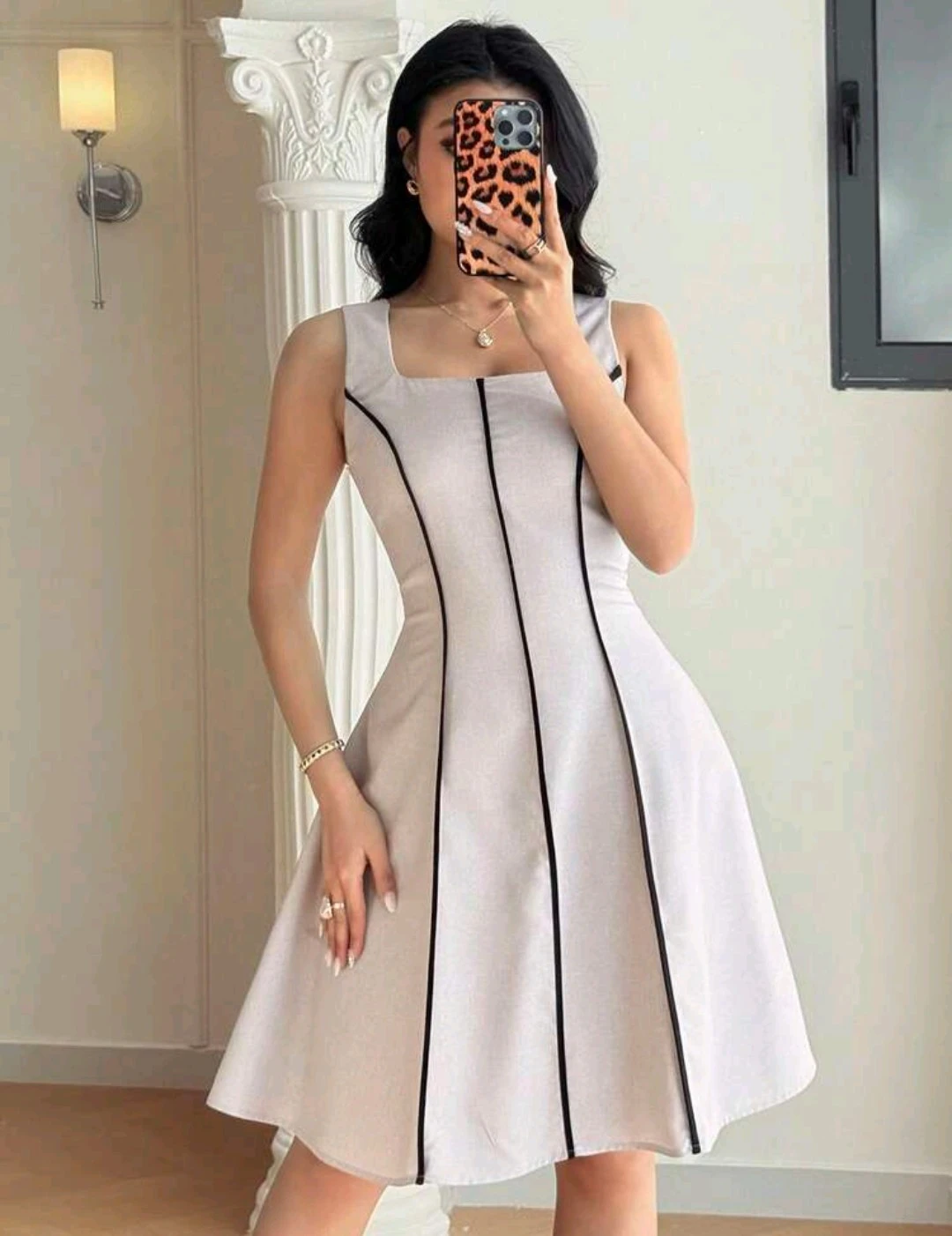 Sleeveless A-Line Dress with Black Trim
