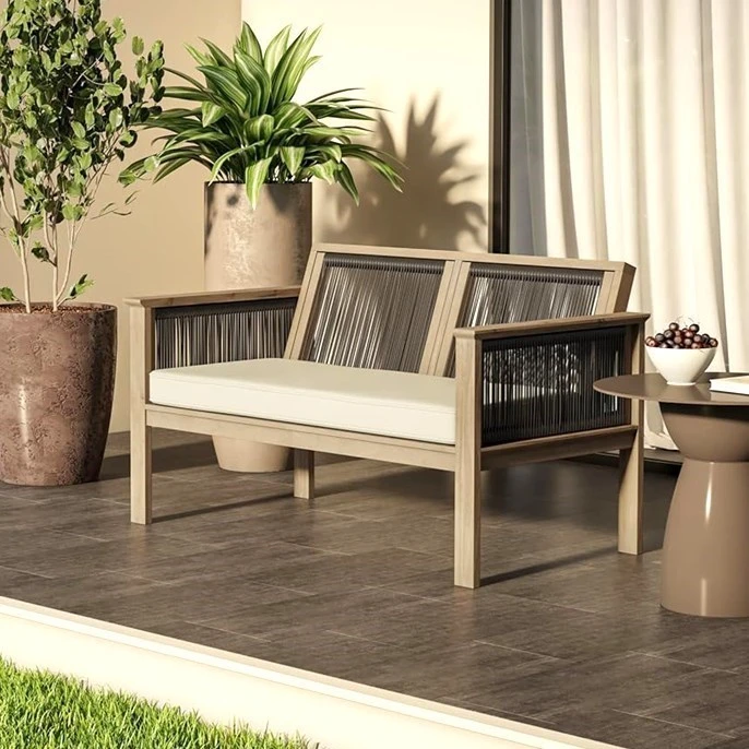 Outdoor Loveseat with Cushion - Sand Acacia/Black Wicker