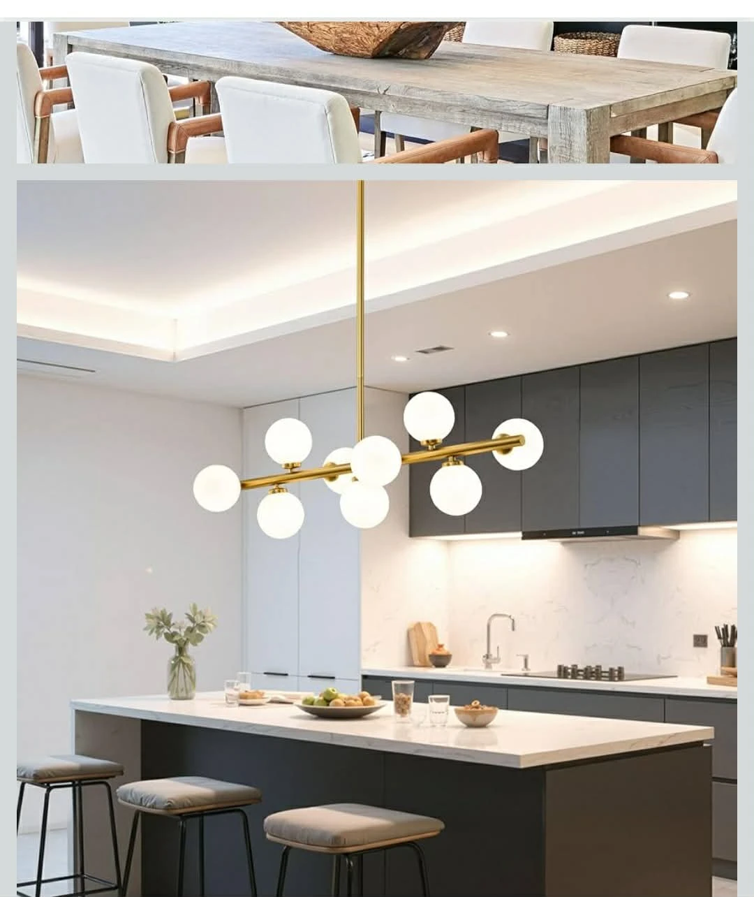 Modern Gold Chandelier with 8 Frosted Glass Globes