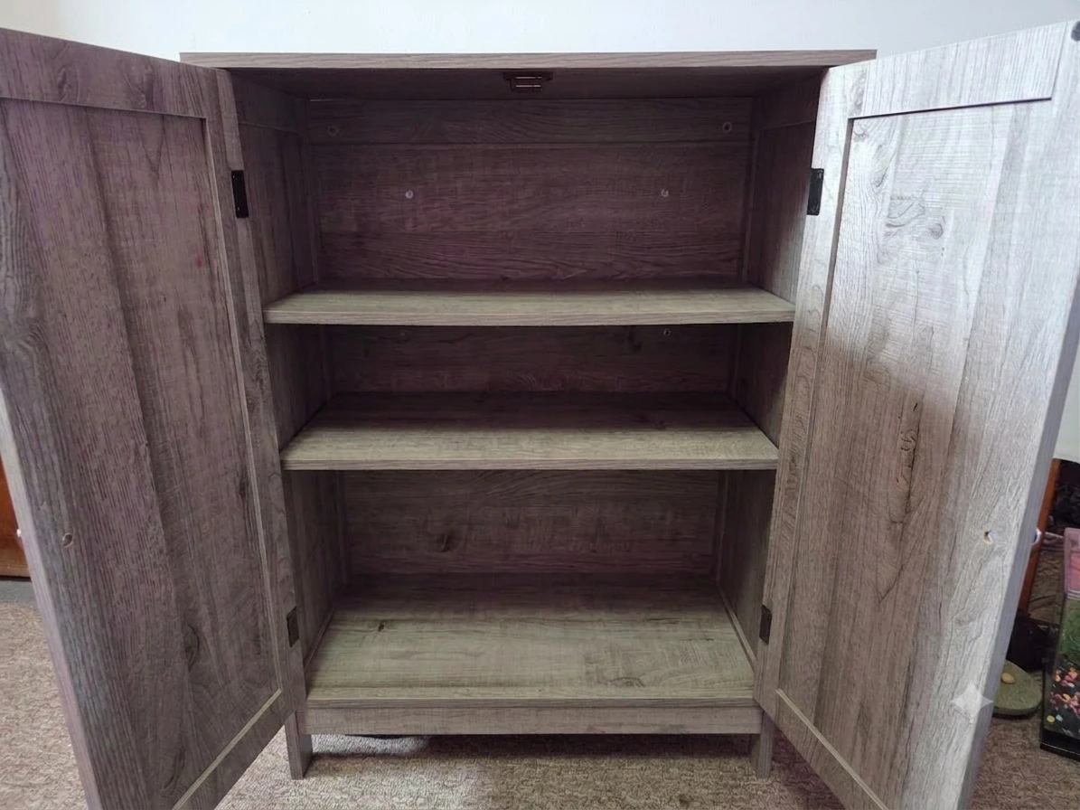 Grey Wood Cabinet with Doors and Shelves