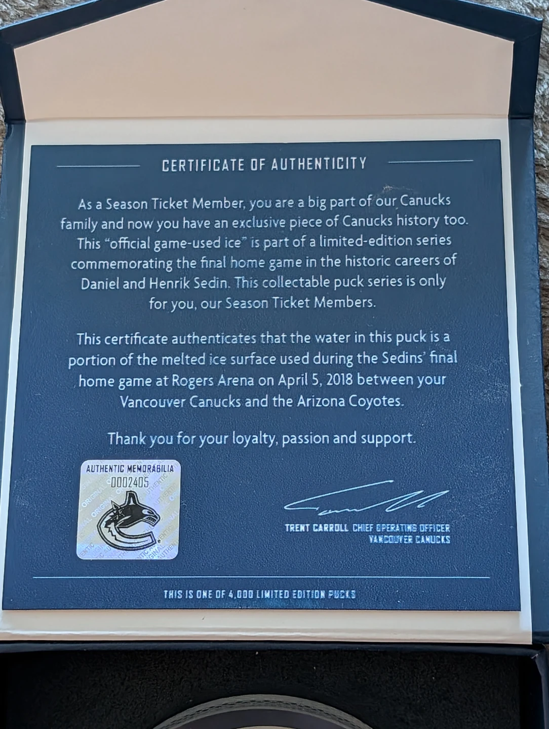 Vancouver Canucks Official Puck - Sedin Retirement - photo 3