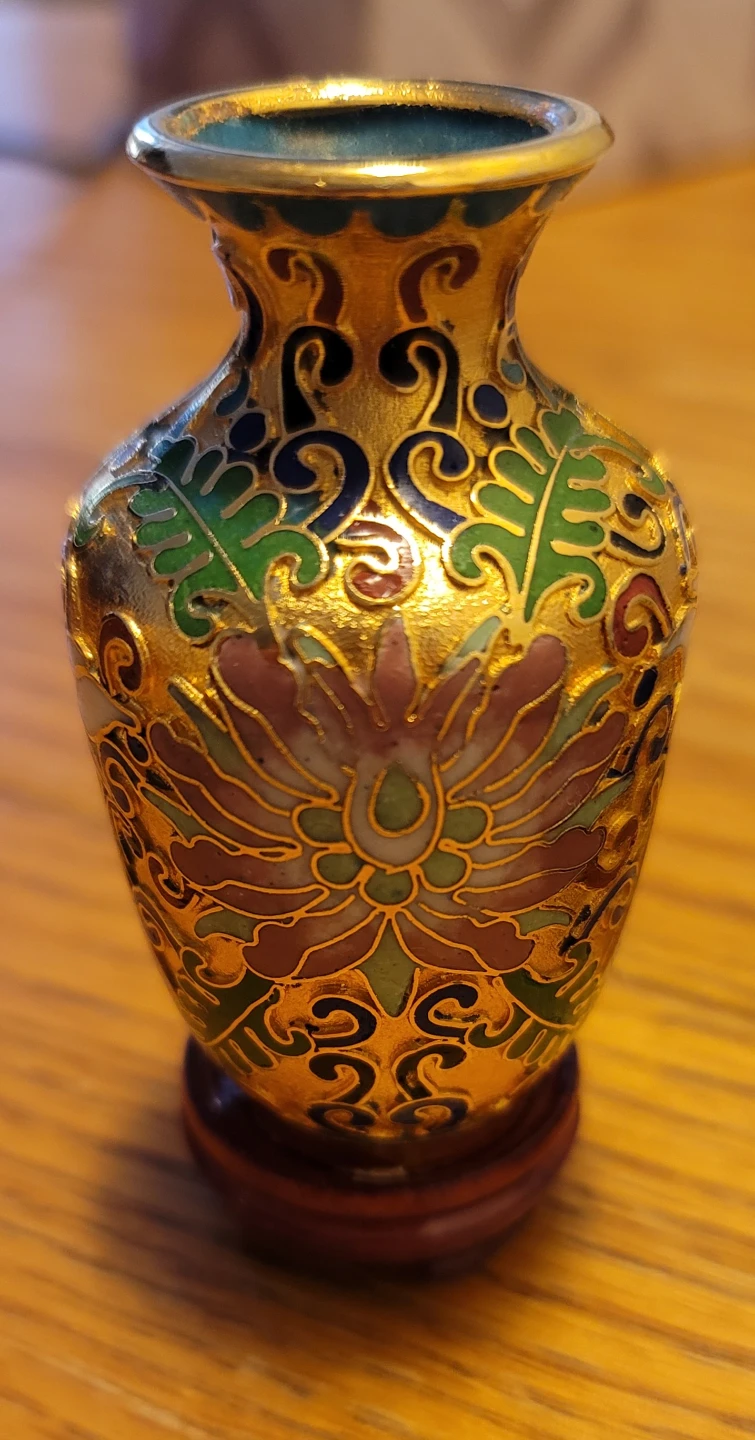 Small Cloisonné Vase with Wooden Stand