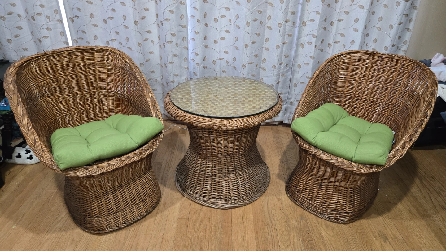 1960's Vintage Wicker Accent Chairs and Side Table Set