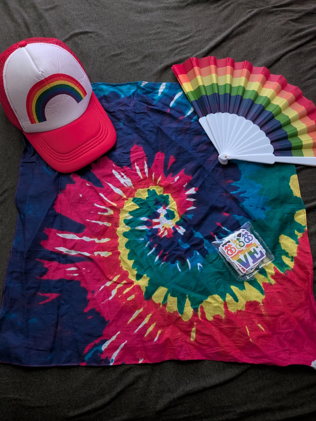 PRIDE PACK🌈 -Rainbow Tie-Dye Bandana, Cap, Stickers and Fan Set
