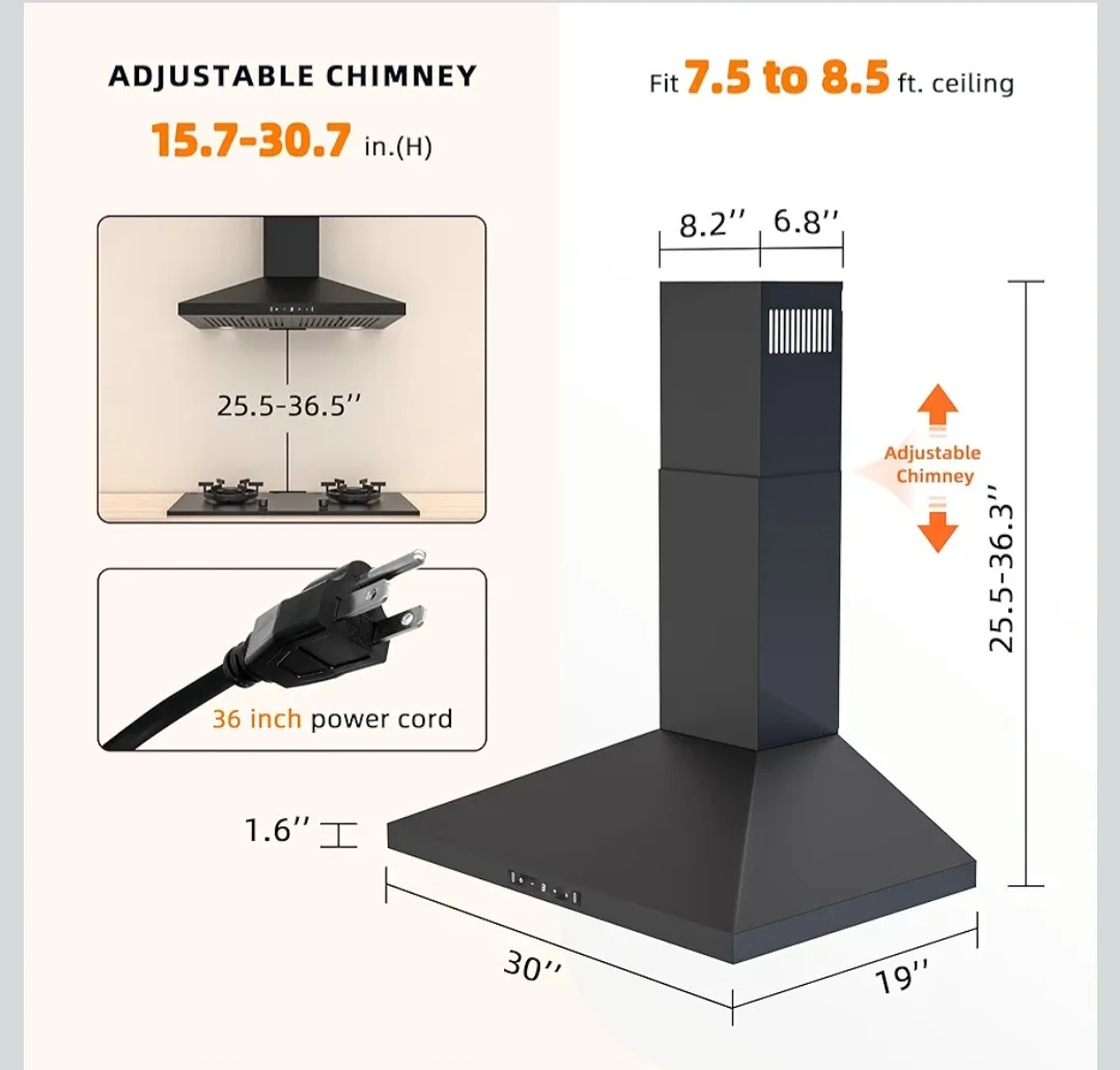 Black Kitchen Range Hood with Adjustable Chimney - photo 2