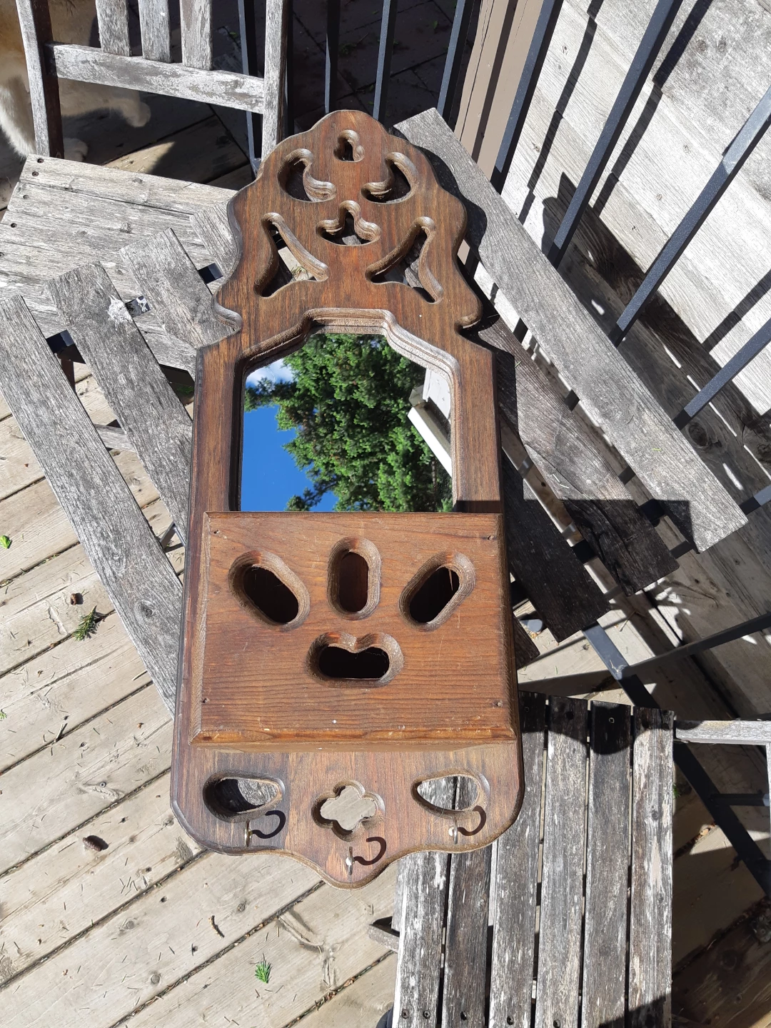 Vintage Mirror with Carved Wooden Frame and Wall Pocket Planter