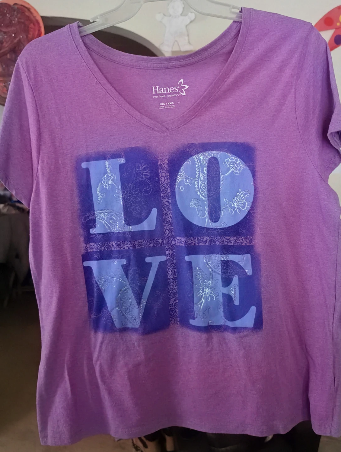 Hanes Purple LOVE V-Neck T-Shirt XXL