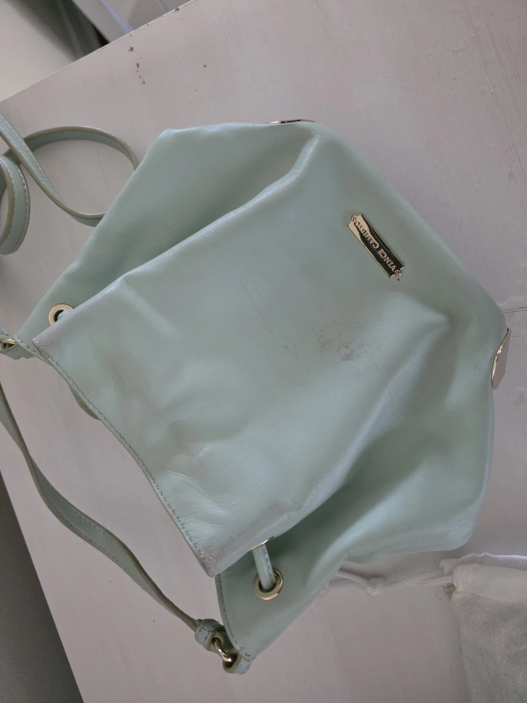Vince Camuto Mint Green Leather Drawstring Bucket Bag