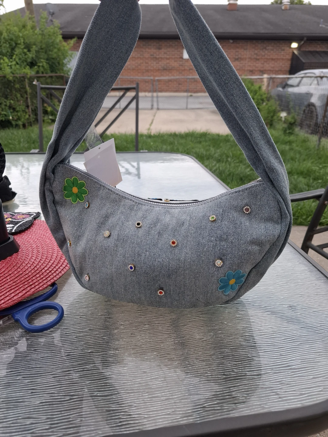 Denim "DOPE" Shoulder Bag with Embellishments - photo 2