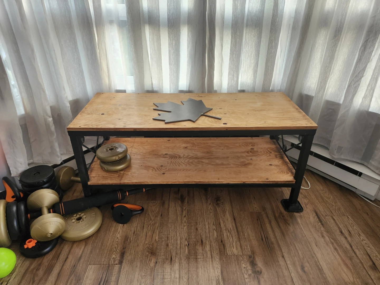 Two-Tiered Wooden and Metal Shelf Unit
