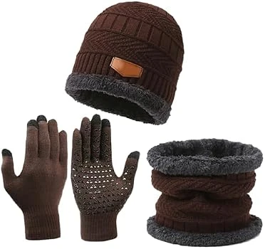 Brown Knit Hat, Scarf, and Gloves Set