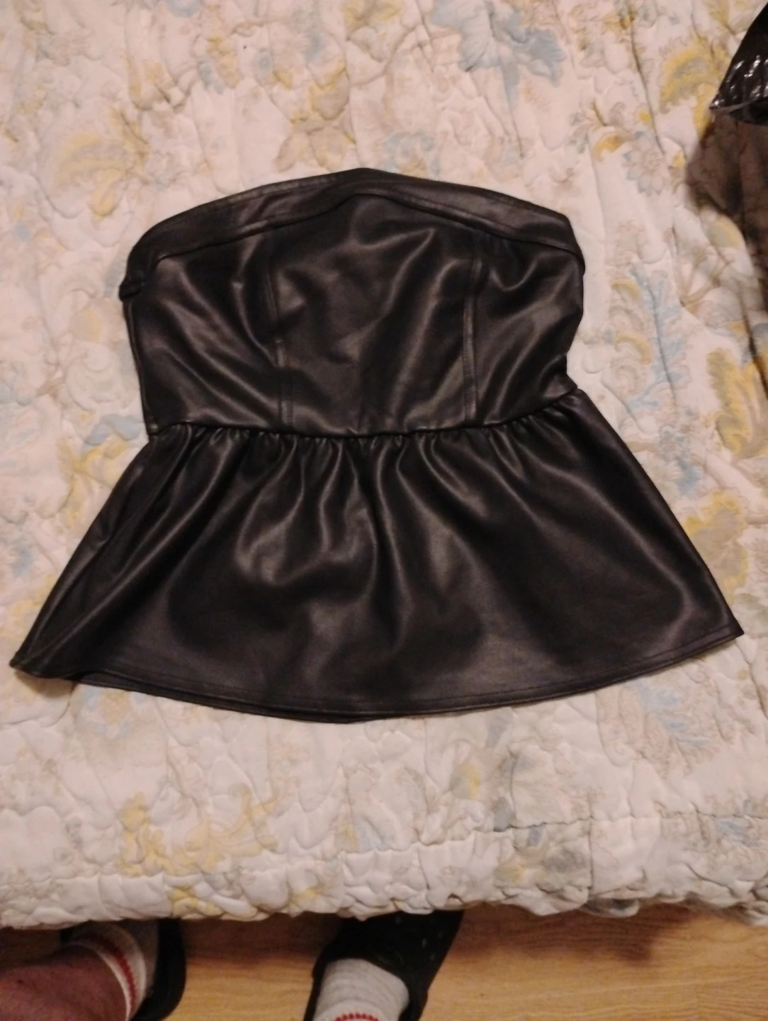 Black Faux Leather Strapless Peplum Top