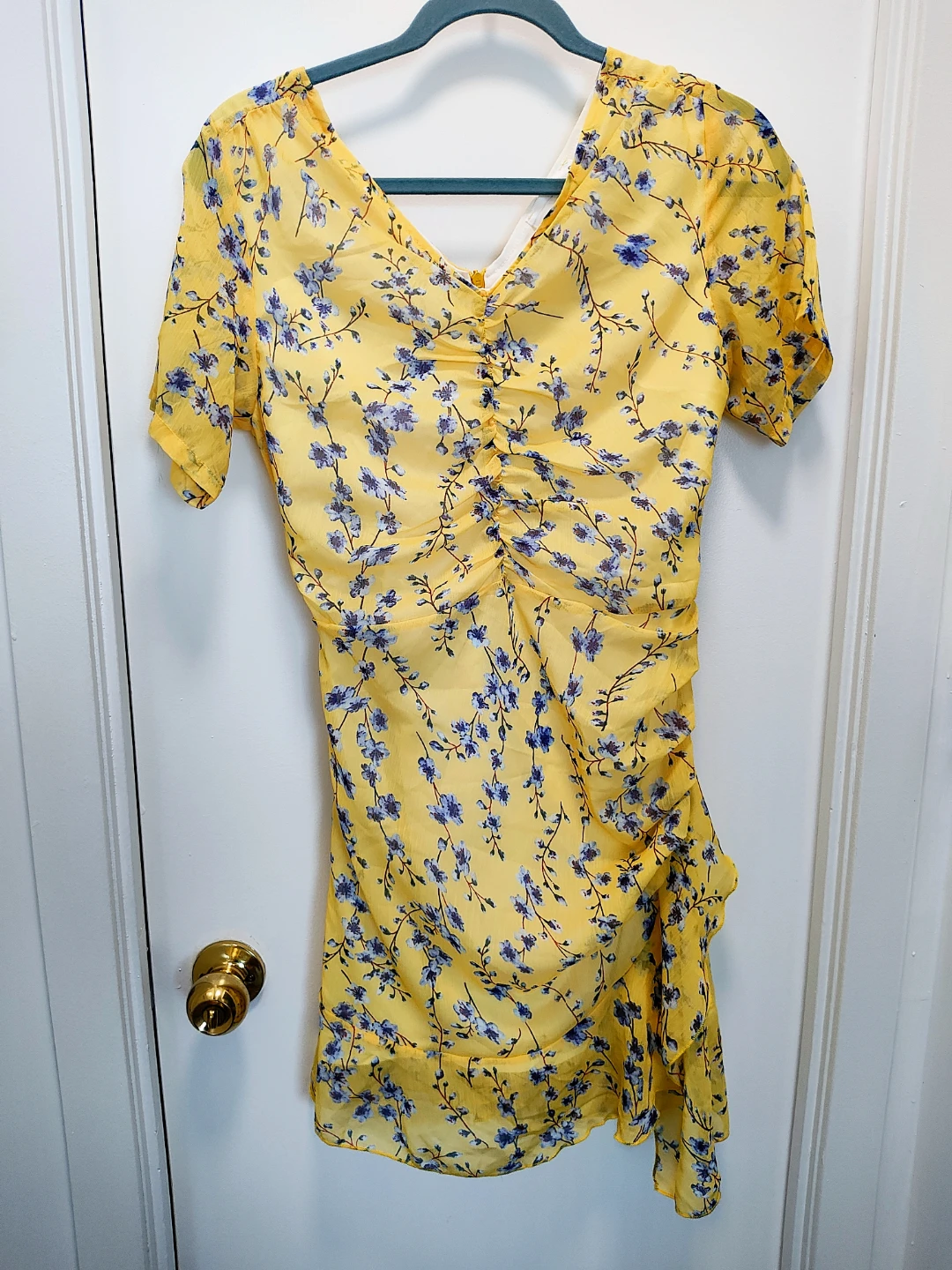 Yellow Floral Ruched Mini Dress