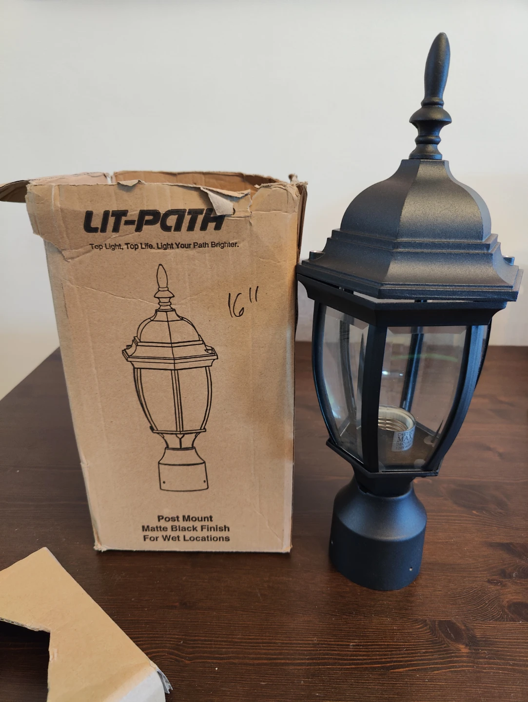 Lit-Path Matte Black Post Mount Outdoor Lantern Light - 16"