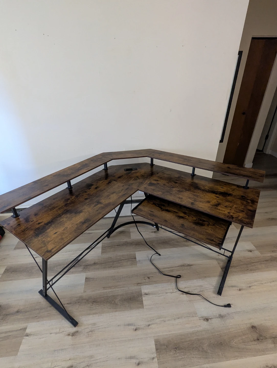 L-Shaped Corner Desk with Built-in Power Outlets and Shelves - photo 3