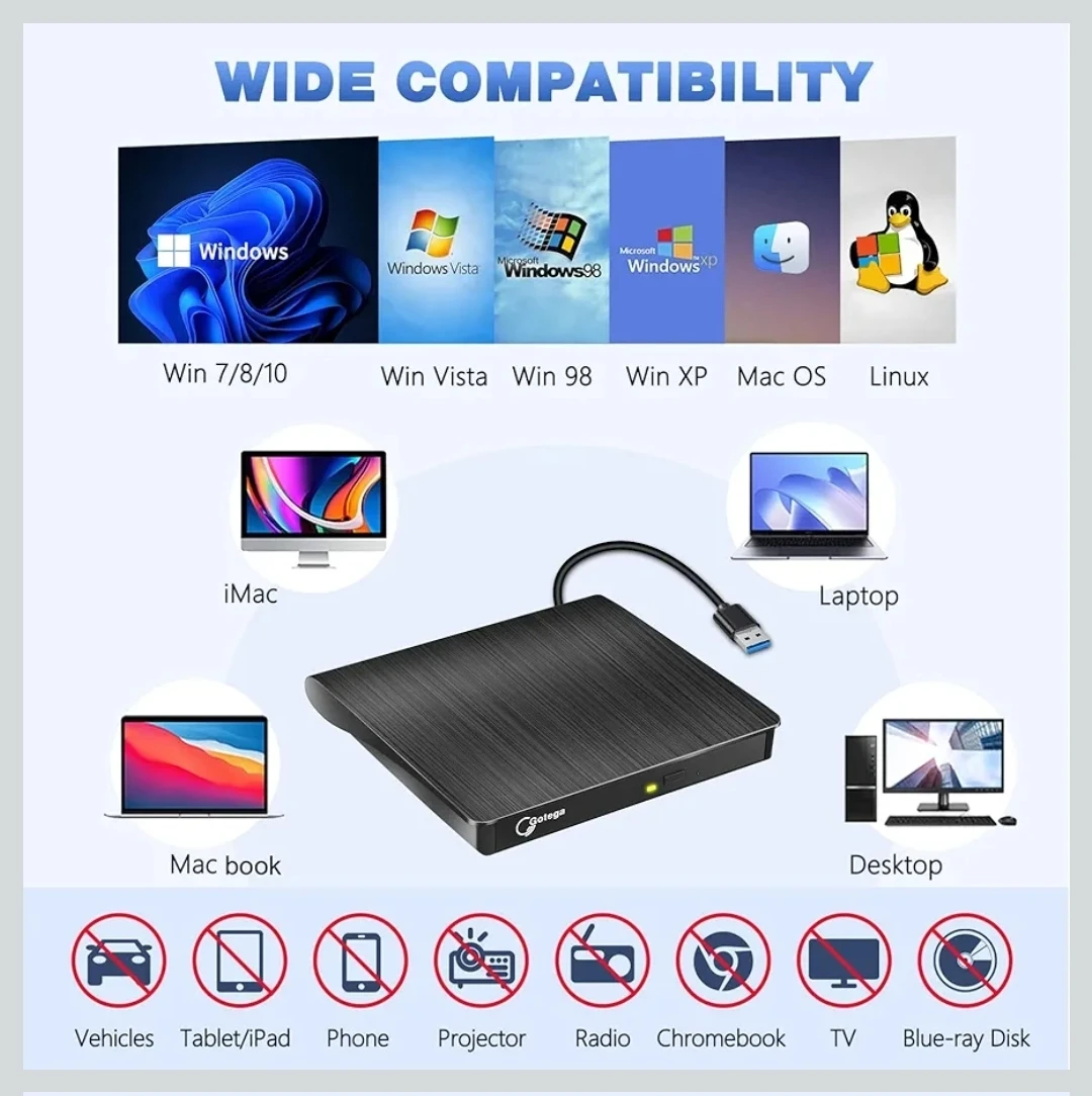 External DVD Drive, USB 3.0 Portable +/-RW, DVD Player - photo 2