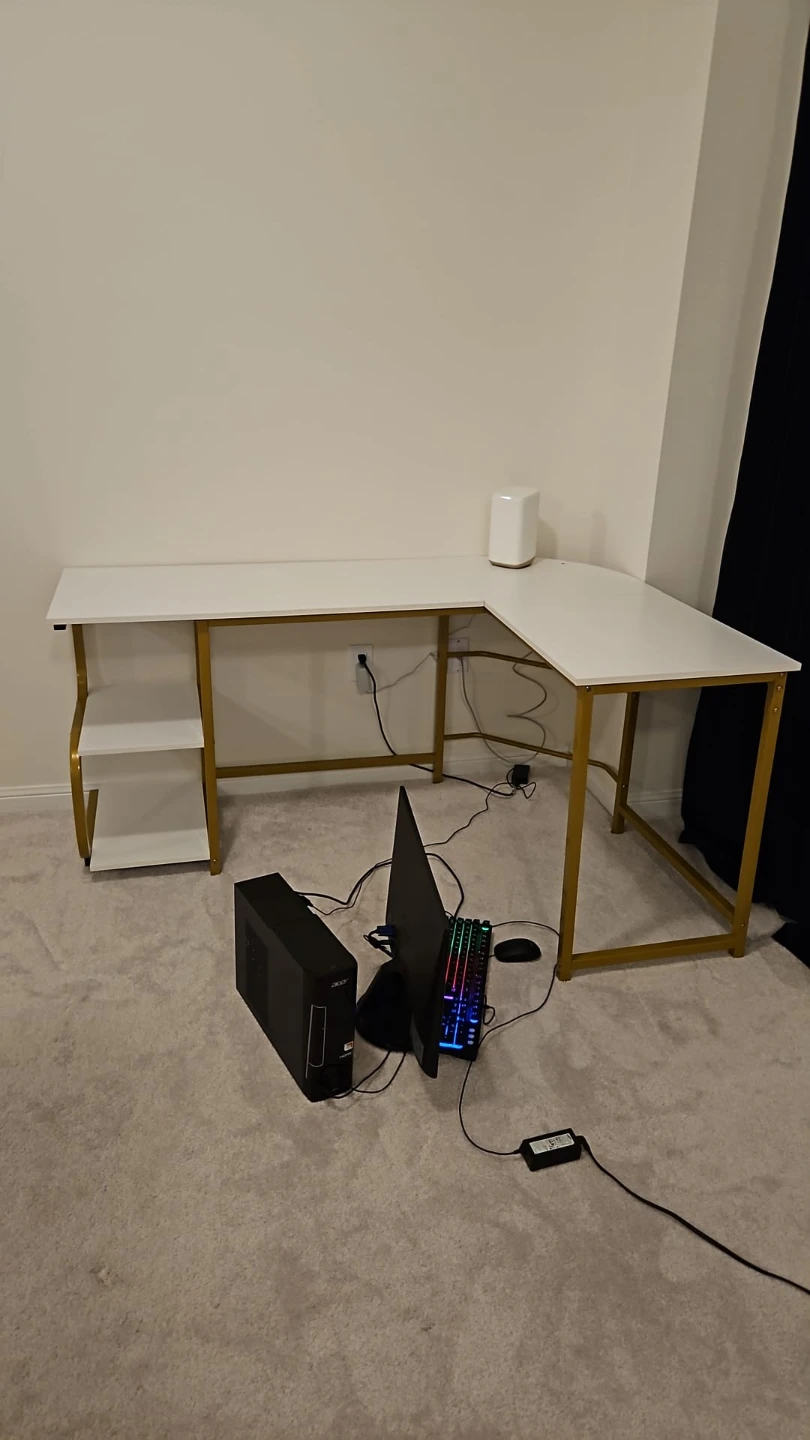 White L-Shaped Desk with Gold Frame