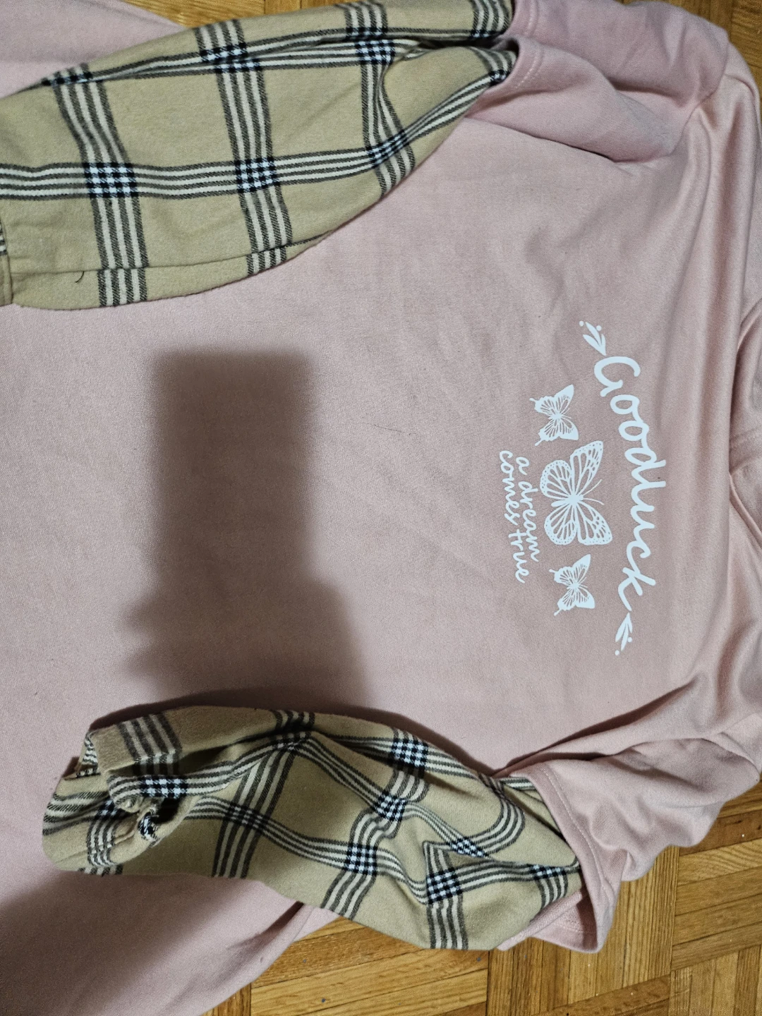 Pink "Goodluck" Dress with Plaid Sleeves