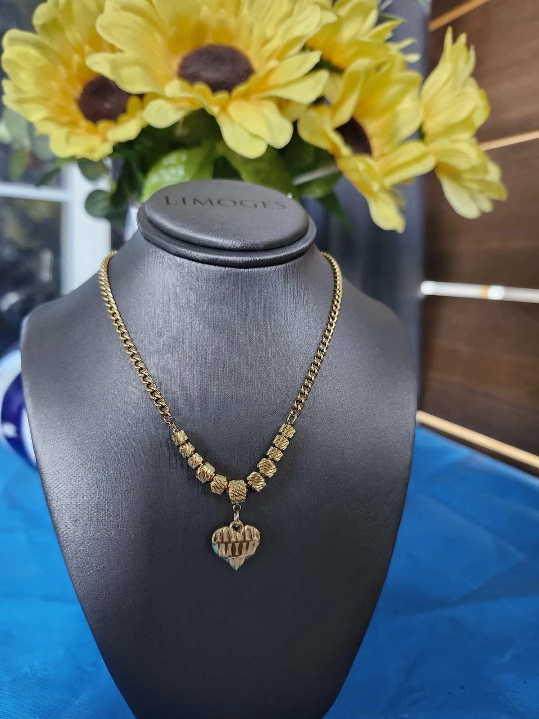 Gold Tone Heart Pendant Necklace with Beaded Chain
