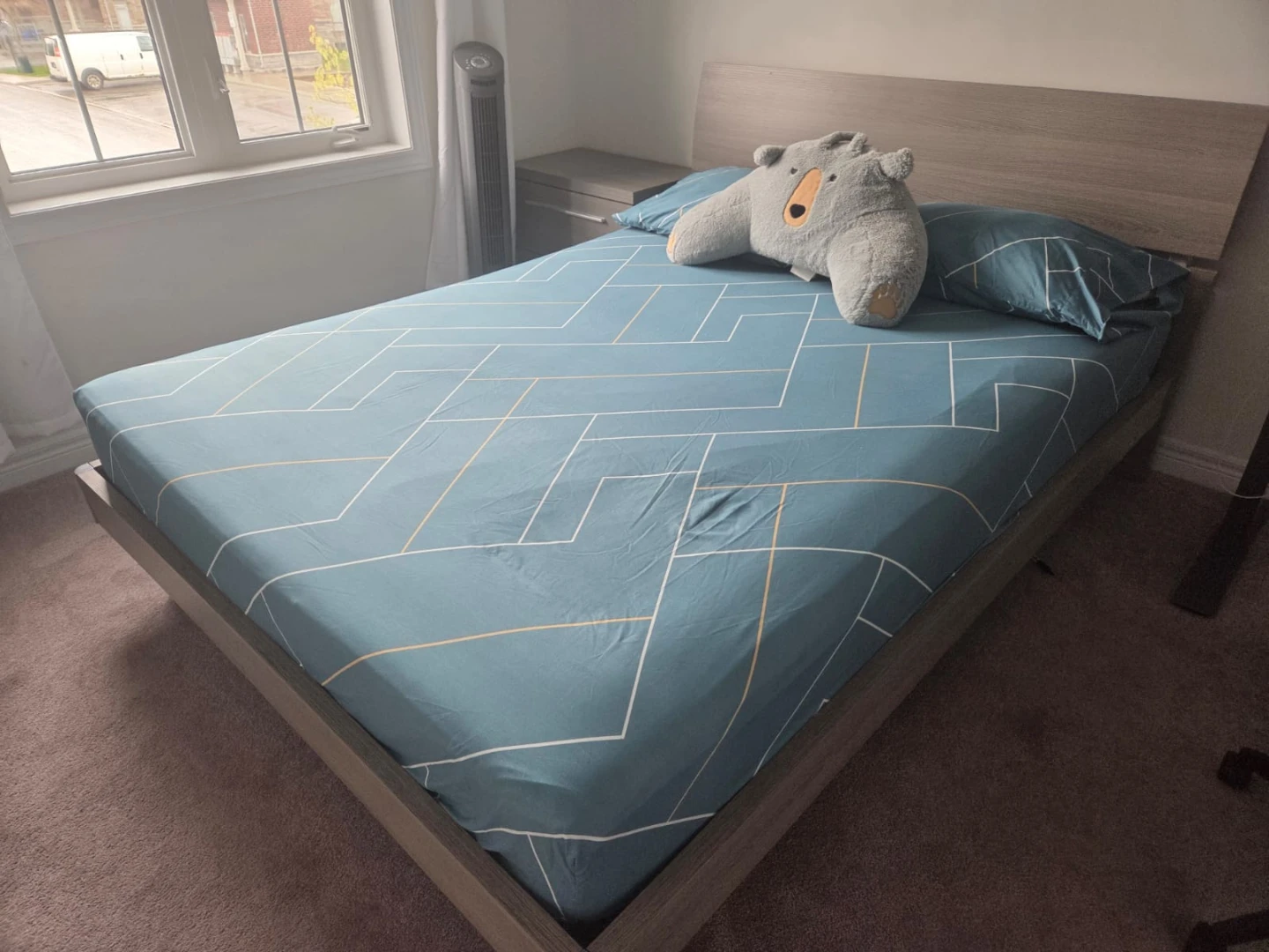 Gray wood grain platform bed frame and nightstand - photo 3