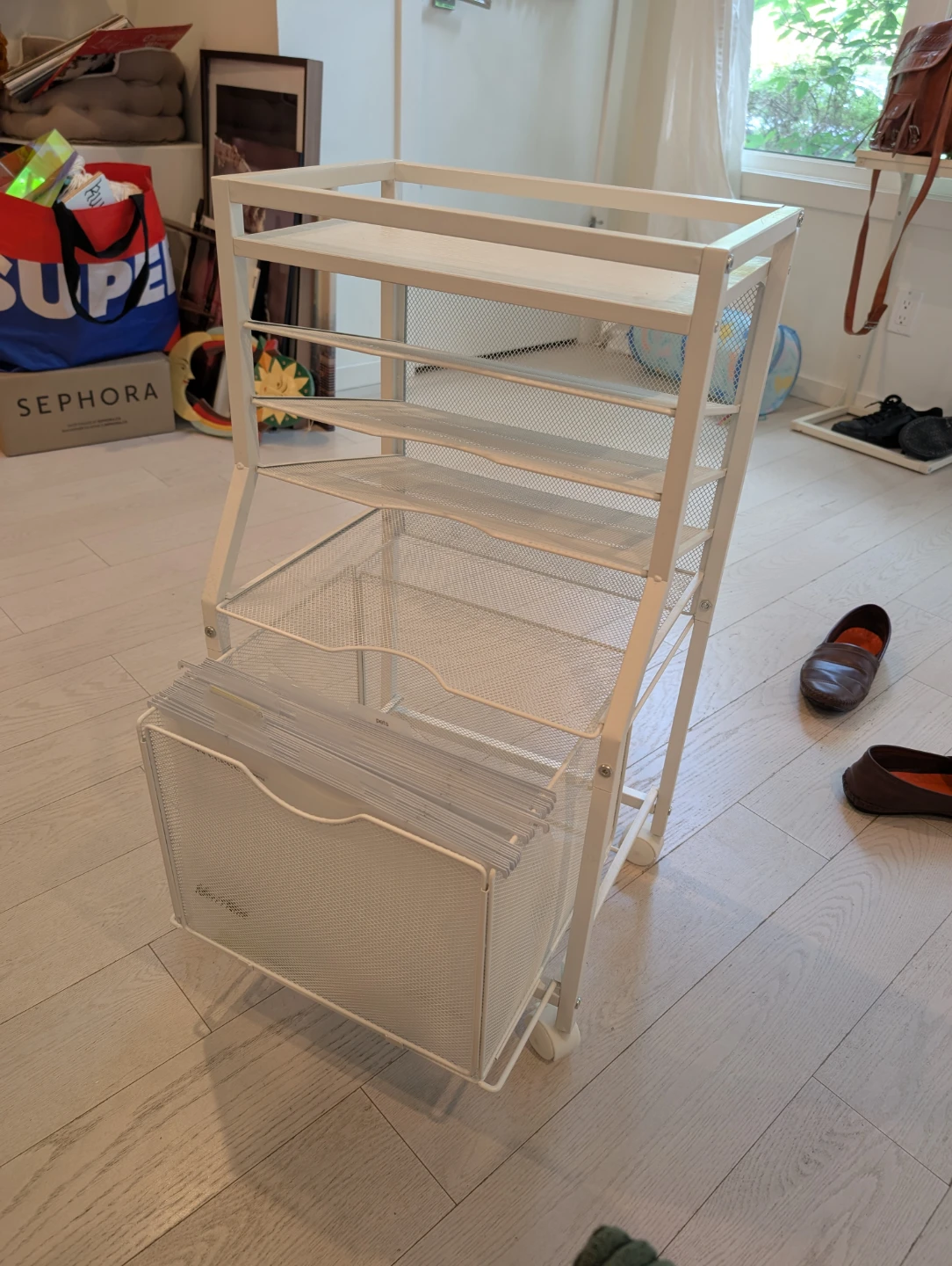 White Mesh Rolling Storage Cart with File Drawer