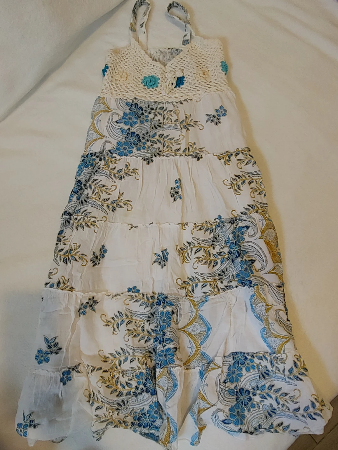 White Tiered Maxi Dress with Blue Floral Print