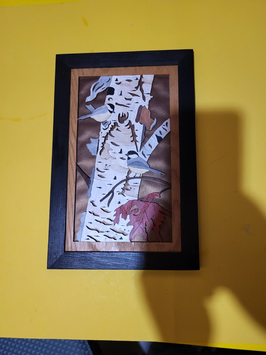 Wooden Marquetry Art Picture with Birds and Maple Leaf