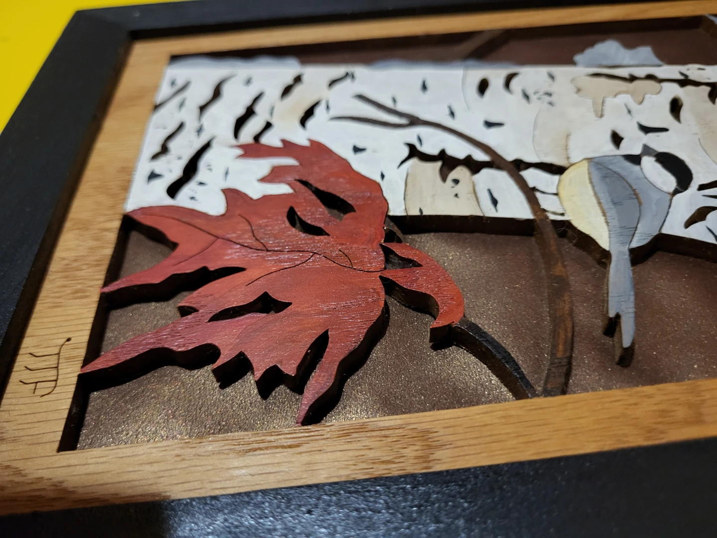 Wooden Marquetry Art Picture with Birds and Maple Leaf - photo 4
