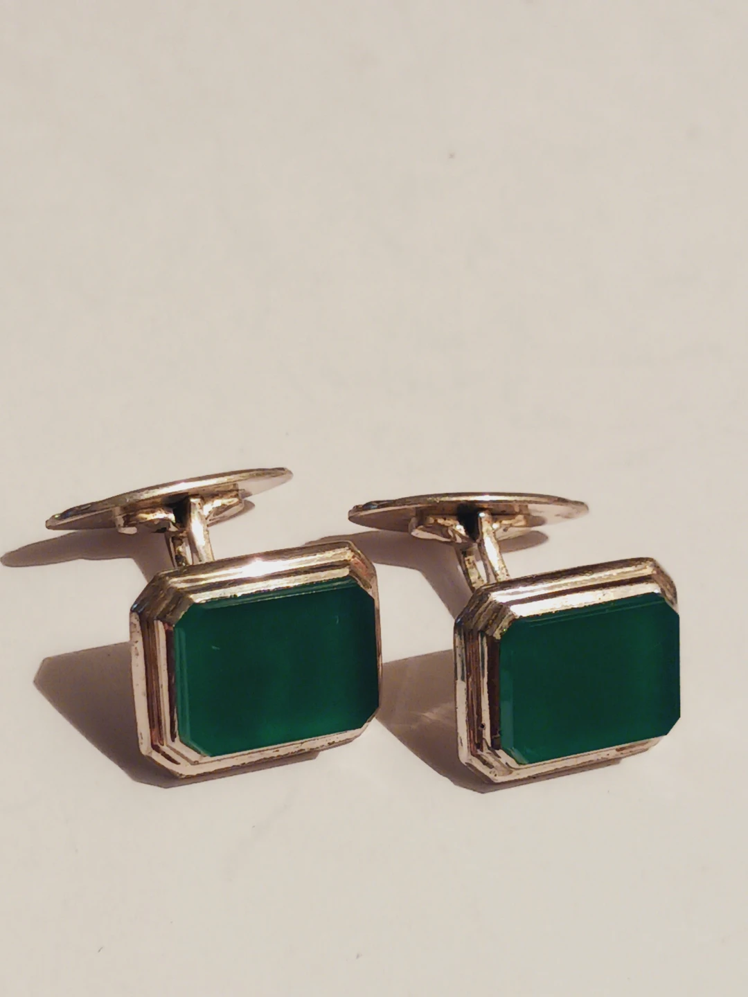 HM 835 Silver Signed Rectangular Green Stone Cufflinks - photo 3