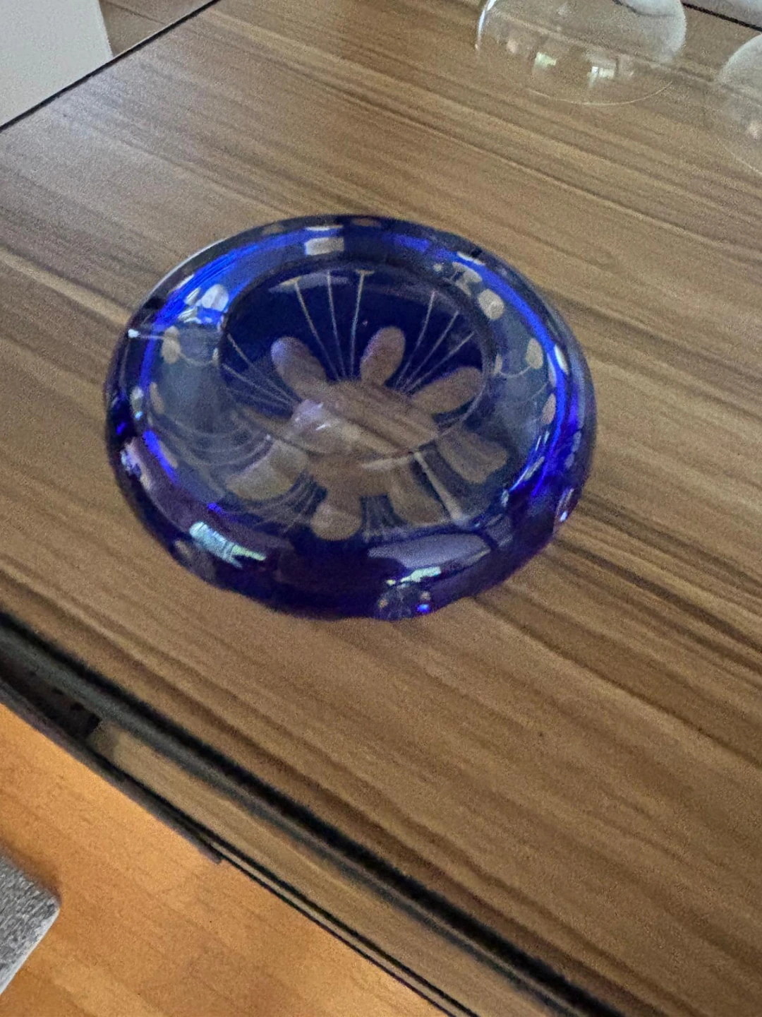 Cobalt Blue Glass Ashtray with Engraved Flower Design