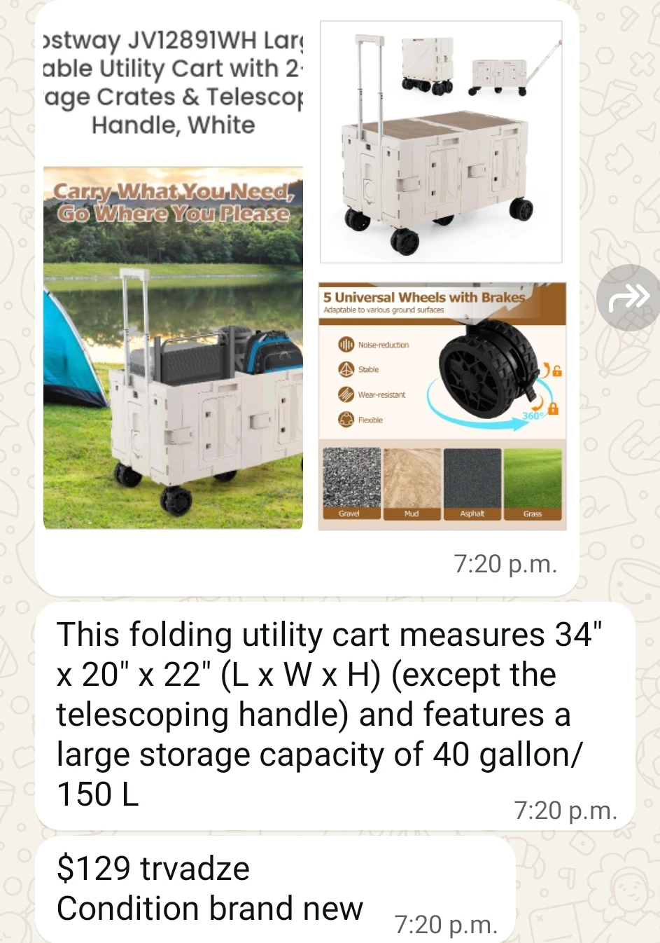 Costway JV12891WH Large Foldable Utility Cart - White - photo 4
