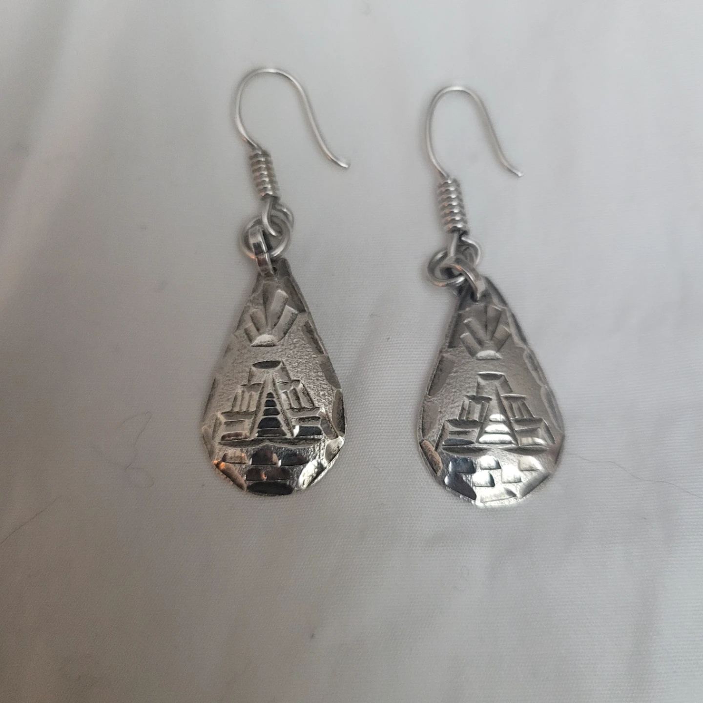 Sterling Silver Teardrop Earrings with Aztec Design