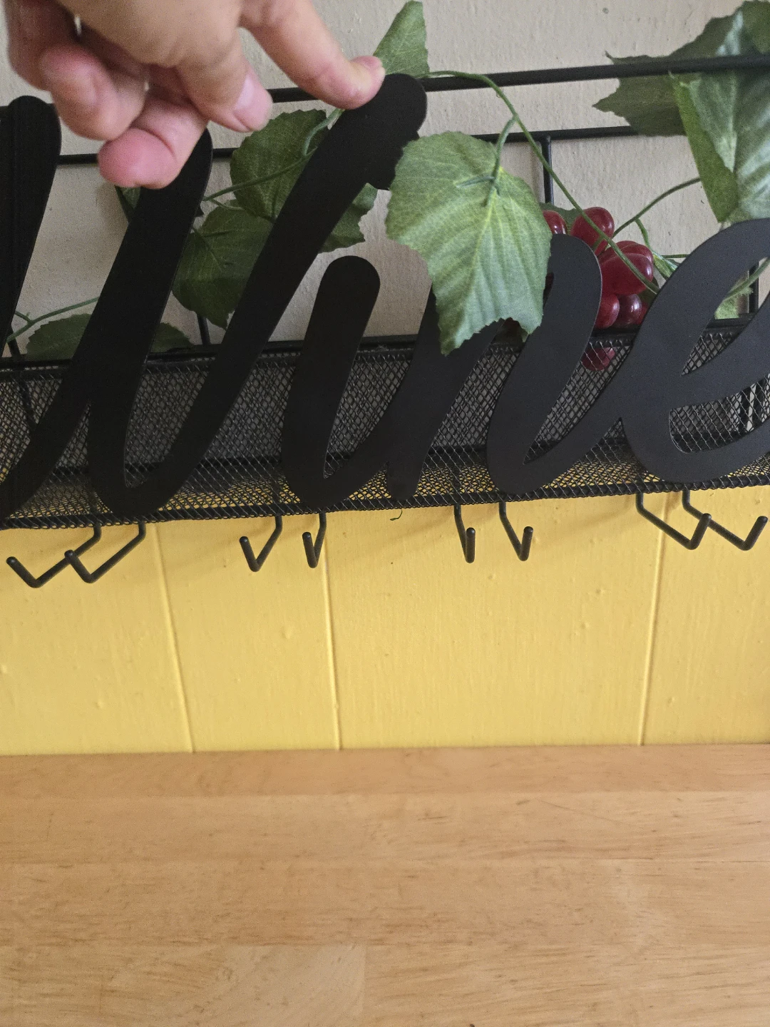 Black Metal Wine Rack Wall Shelf with Hooks - photo 3