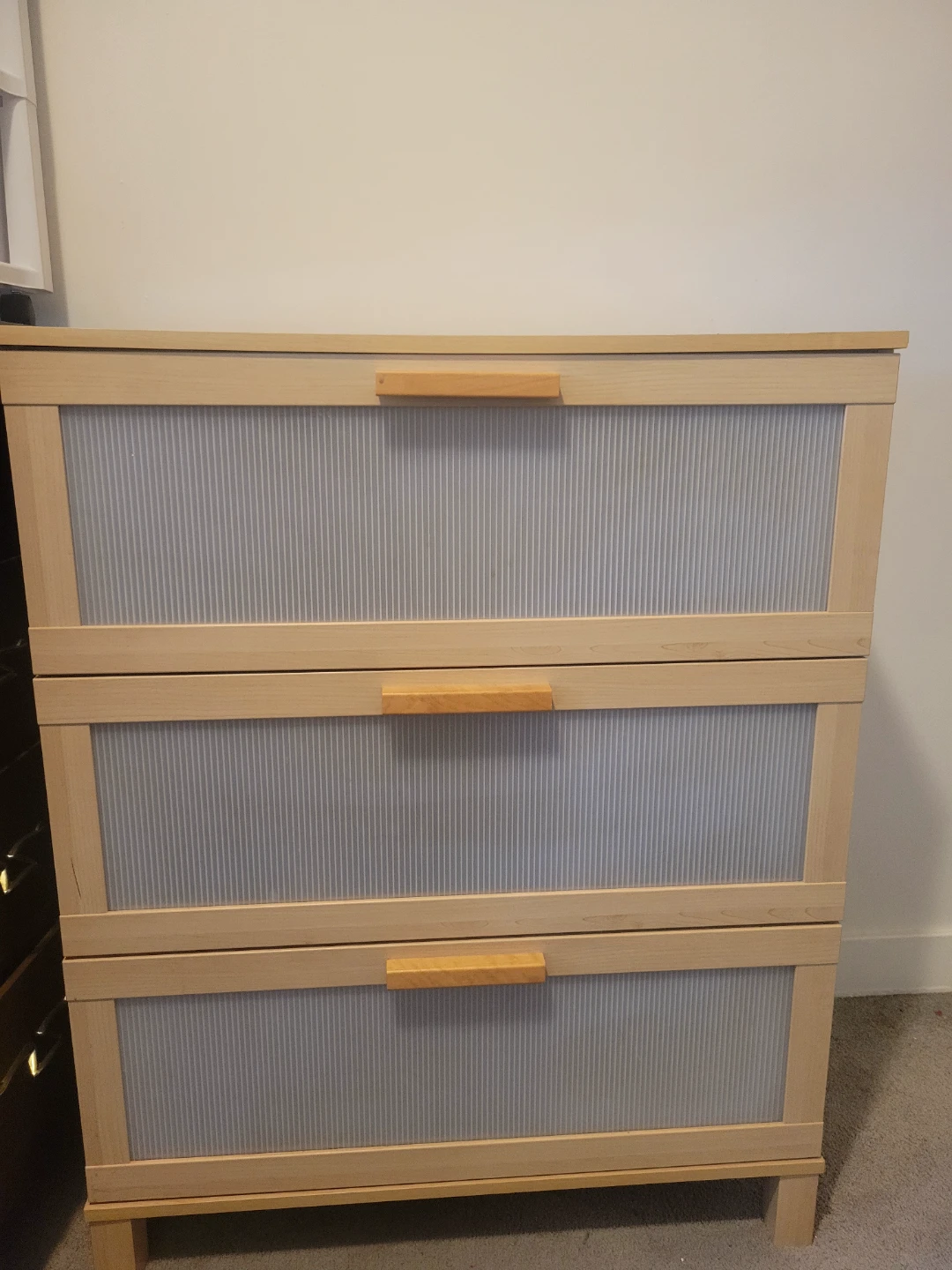 Light Wood 3-Drawer Dresser with Frosted Inserts