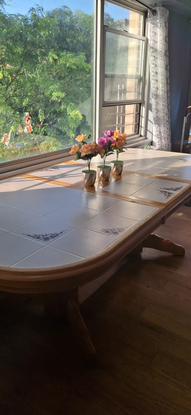Wood Dining Table with Tiled Top with two chairs Negotiable :yes