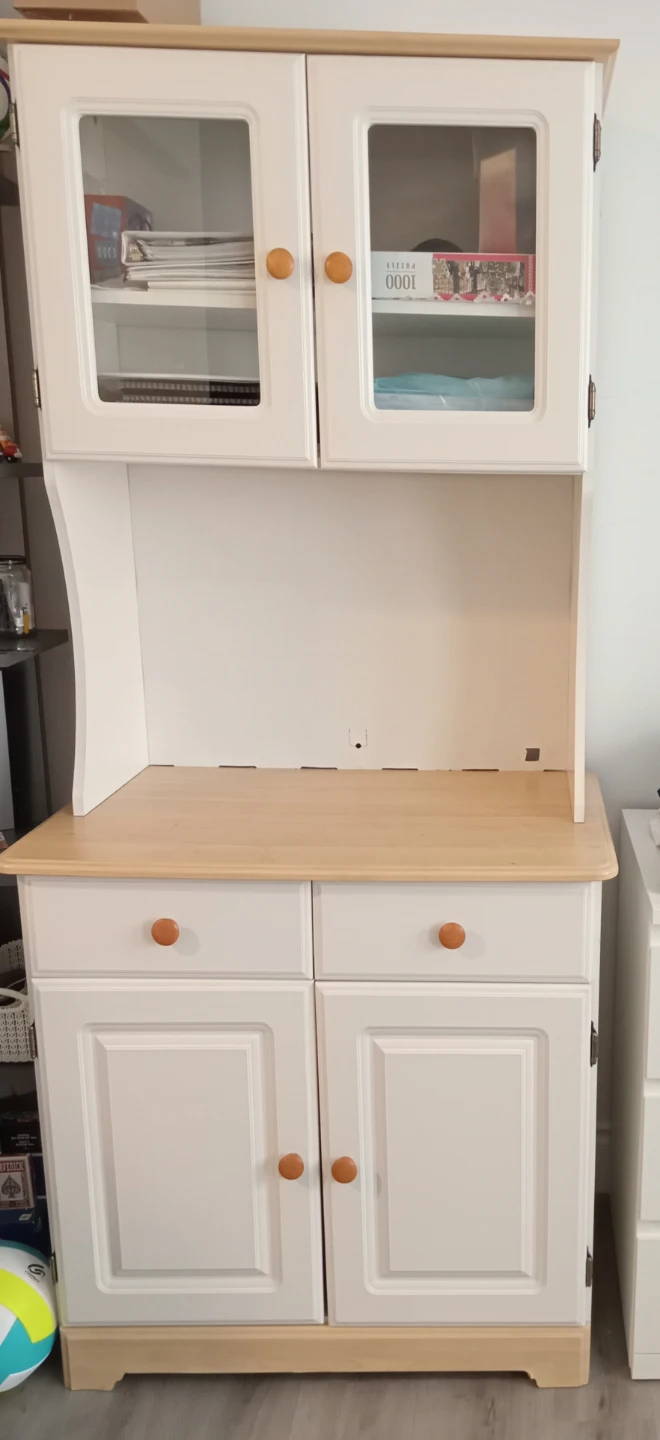 White Hutch with Glass Doors and Wooden Knobs