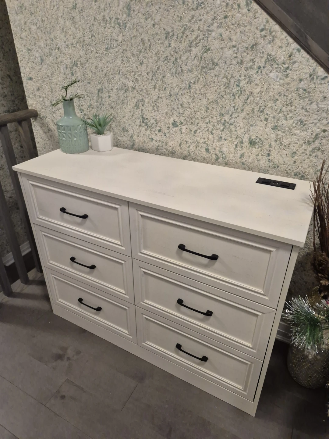 White Six Drawer Dresser with Power Outlet
