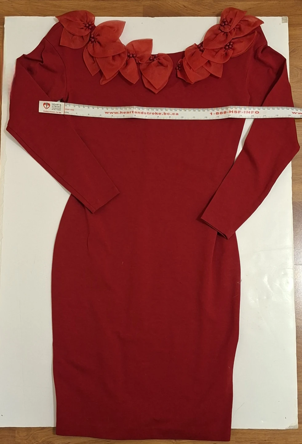 Petite Red Long Sleeve Dress with Floral Neckline