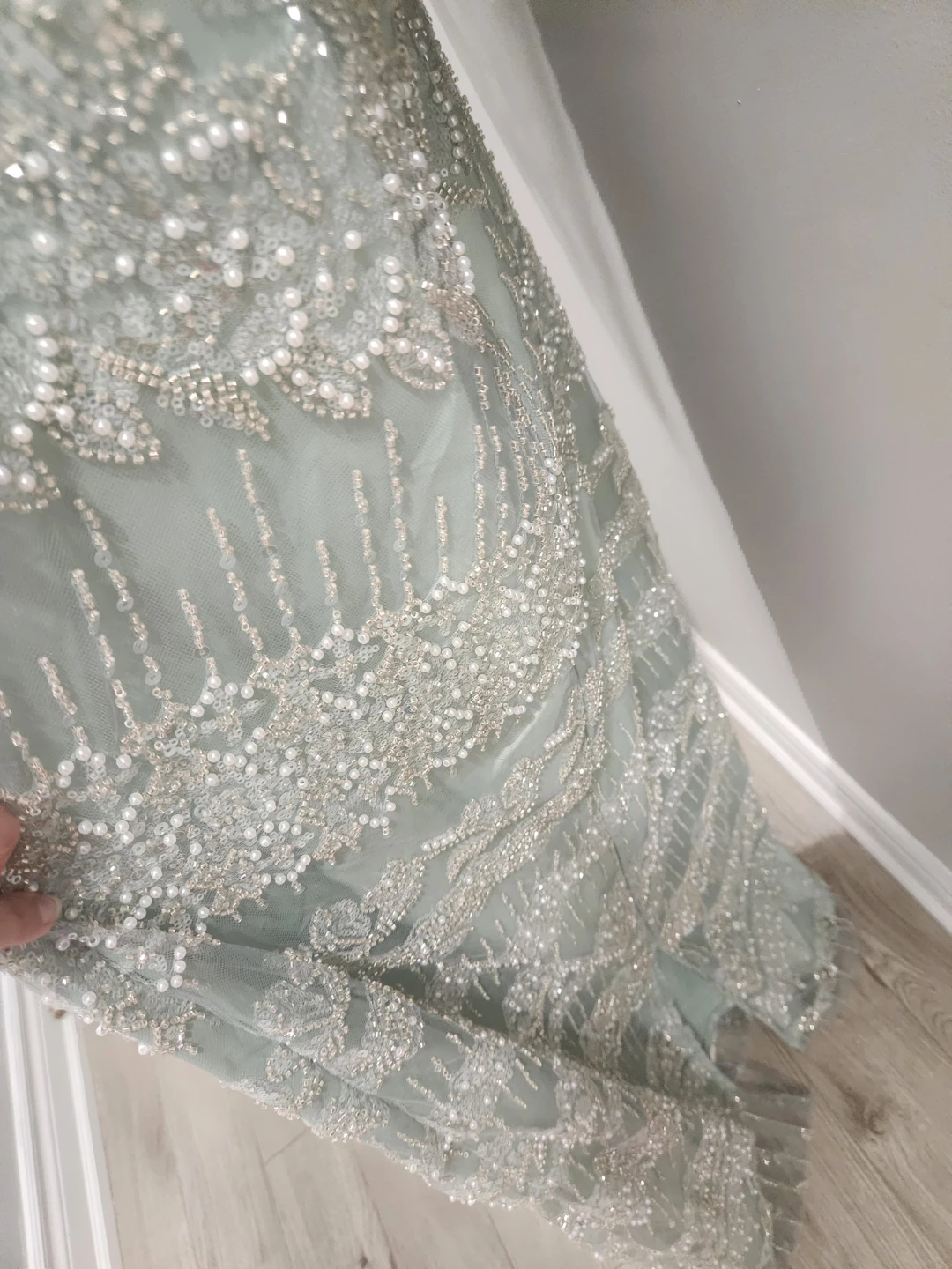 Mint Green Beaded Evening Gown with Sheer Sleeves - photo 4