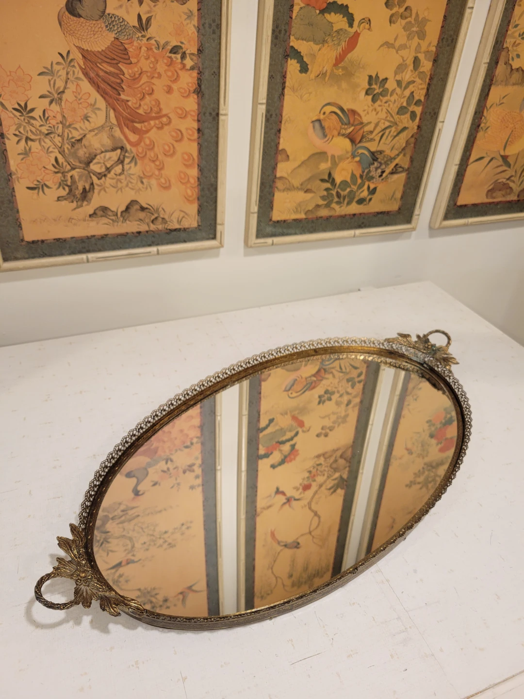 Vintage Ornate Filigree Oval Vanity Tray with Handles. Mirrors